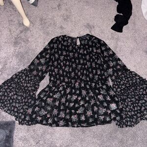 American Eagle Outfitters Black Floral Bell Sleeve Sheer Top